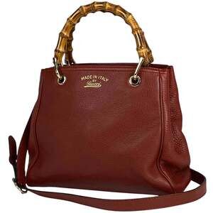 Gucci Bamboo Small Shopper Handbag, 2-Way Shoulder Bag, Leather, Red, 336032,...